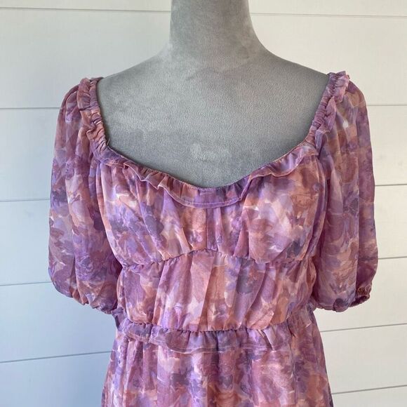 Jessica Simpson Pink & Purple Floral Puff Sleeve Ruffle Dress Size Small - Picture 2 of 7